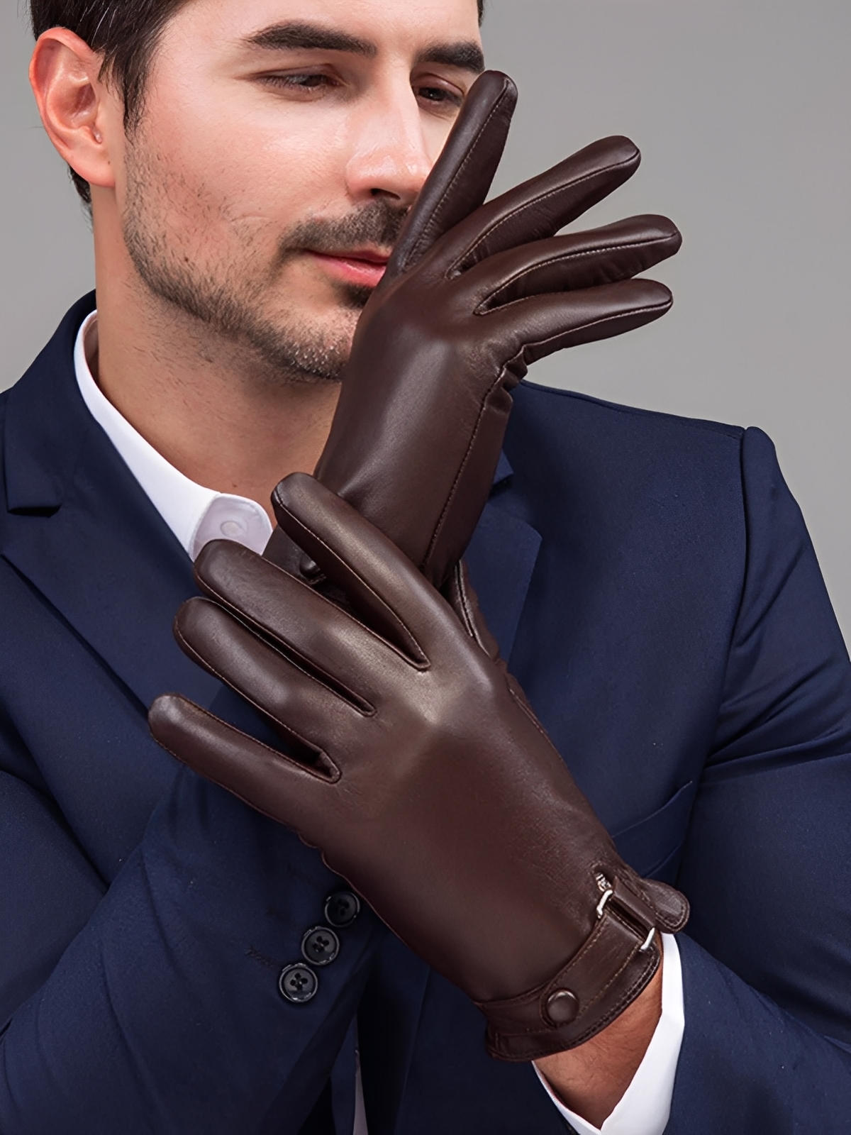 Gants en cuir pour homme, doublure chaude et douce, compatibles écran tactile, fermeture ajustable au poignet, parfaits pour l’hiver en ville, modèle Tradus