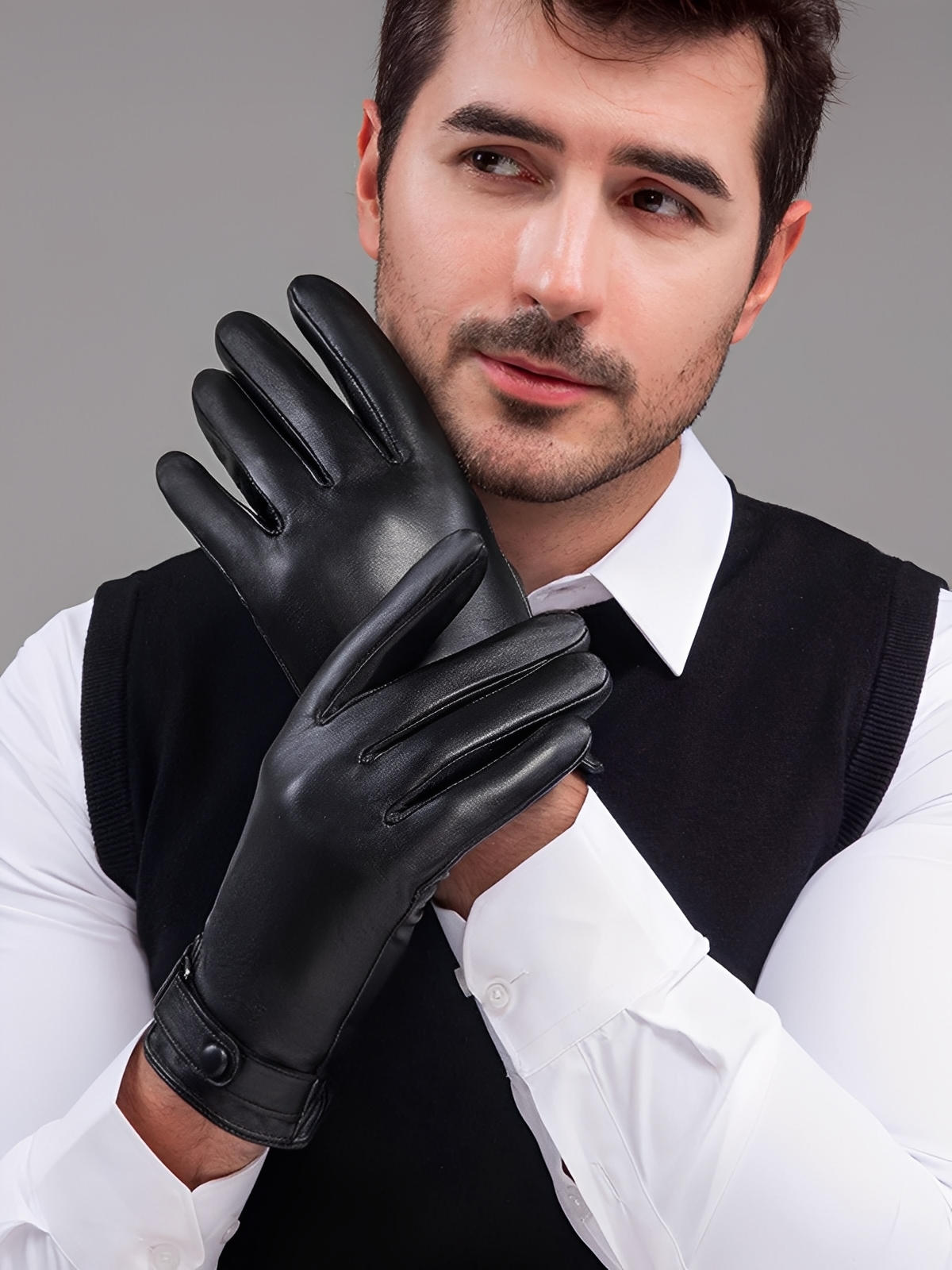 Gants en cuir pour homme, doublure chaude et douce, compatibles écran tactile, fermeture ajustable au poignet, parfaits pour l’hiver en ville, modèle Tradus