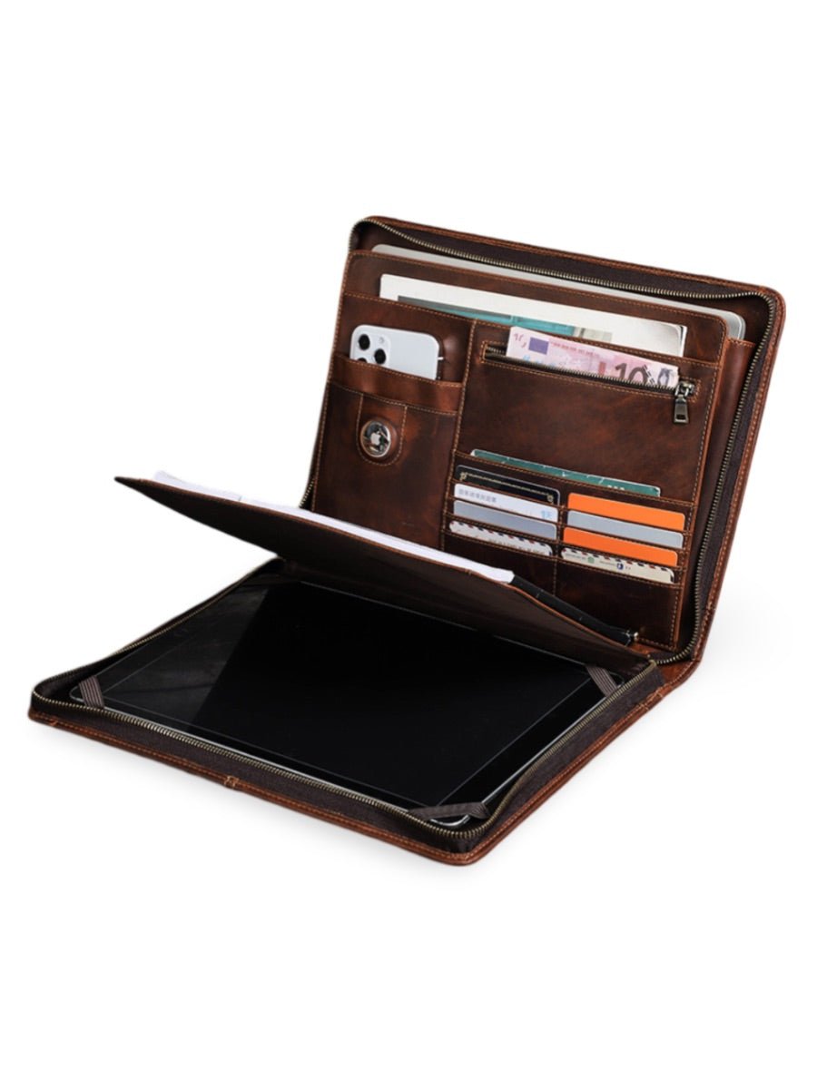 Housse en cuir marron pour ordinateur portable, tablette et documents, porte - cartes intégré, format A4, modèle Pamphil - Housse - Café