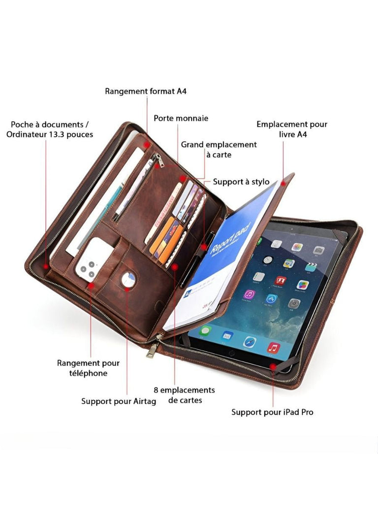 Housse en cuir marron pour ordinateur portable, tablette et documents, porte - cartes intégré, format A4, modèle Pamphil - Housse - Café