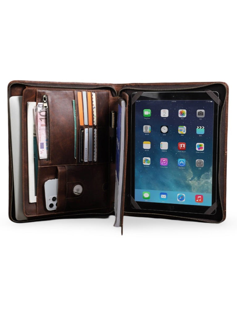 Housse en cuir marron pour ordinateur portable, tablette et documents, porte - cartes intégré, format A4, modèle Pamphil - Housse - Café