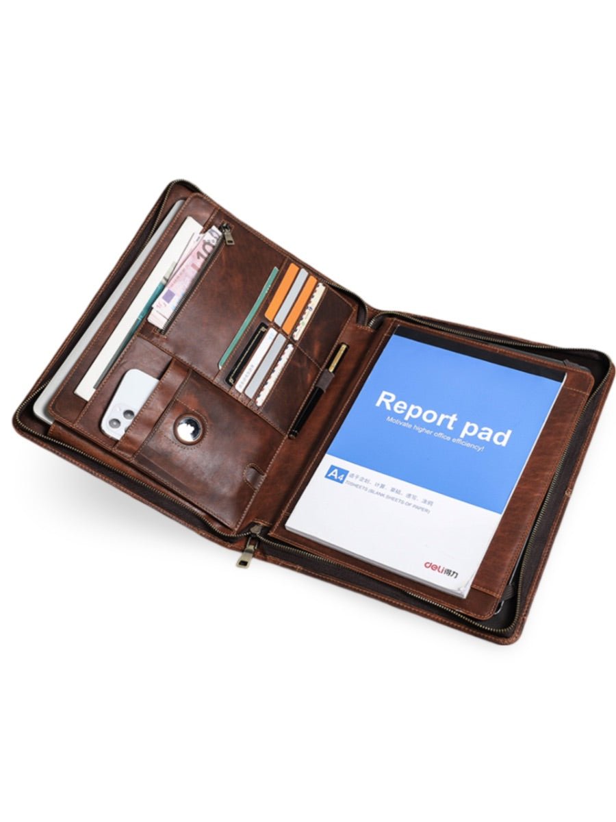 Housse en cuir marron pour ordinateur portable, tablette et documents, porte - cartes intégré, format A4, modèle Pamphil - Housse - Café