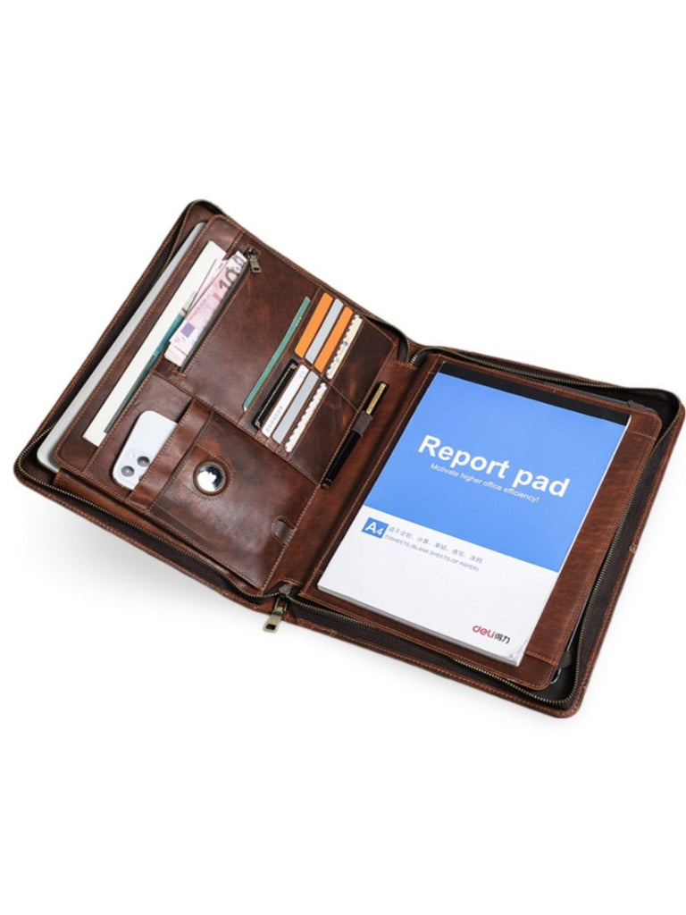 Housse en cuir marron pour ordinateur portable, tablette et documents, porte - cartes intégré, format A4, modèle Pamphil - Housse - Café