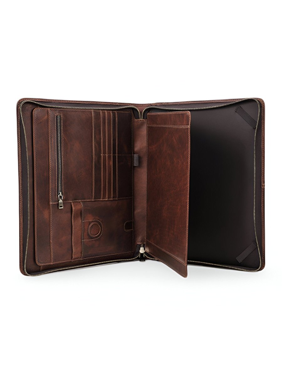 Housse en cuir marron pour ordinateur portable, tablette et documents, porte - cartes intégré, format A4, modèle Pamphil - Housse - Café