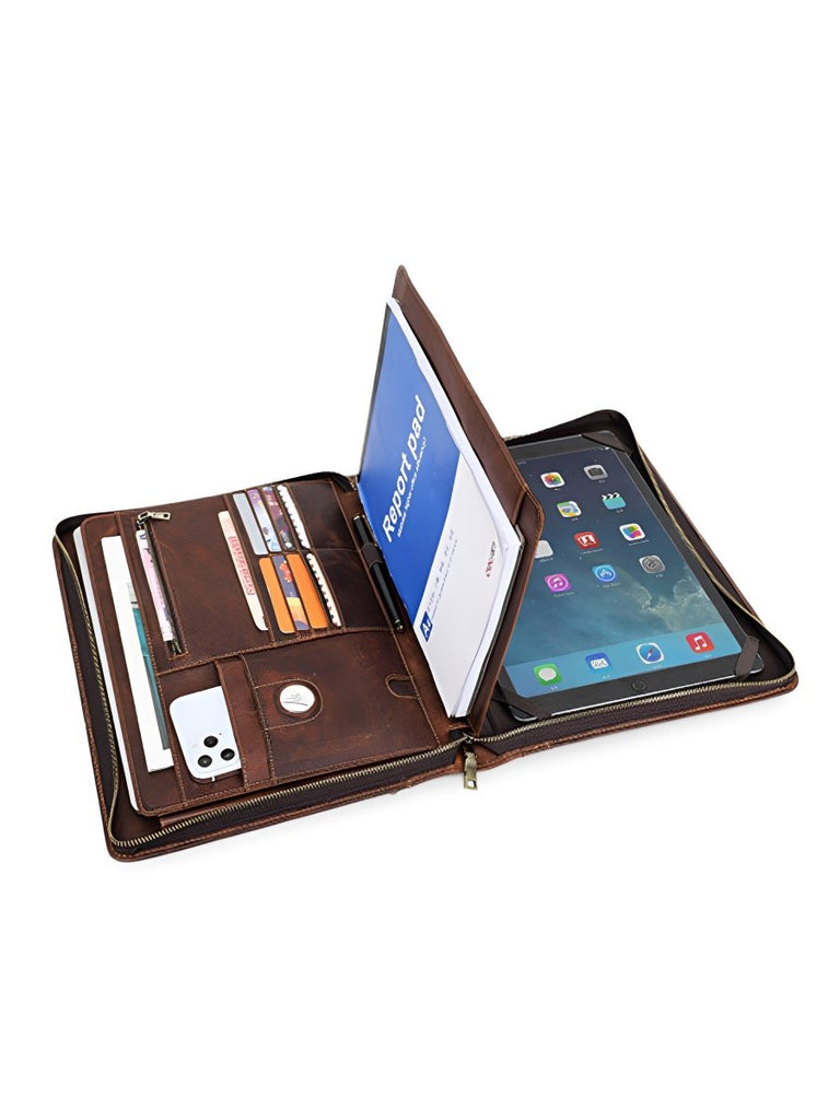 Housse en cuir marron pour ordinateur portable, tablette et documents, porte - cartes intégré, format A4, modèle Pamphil - Housse - Café