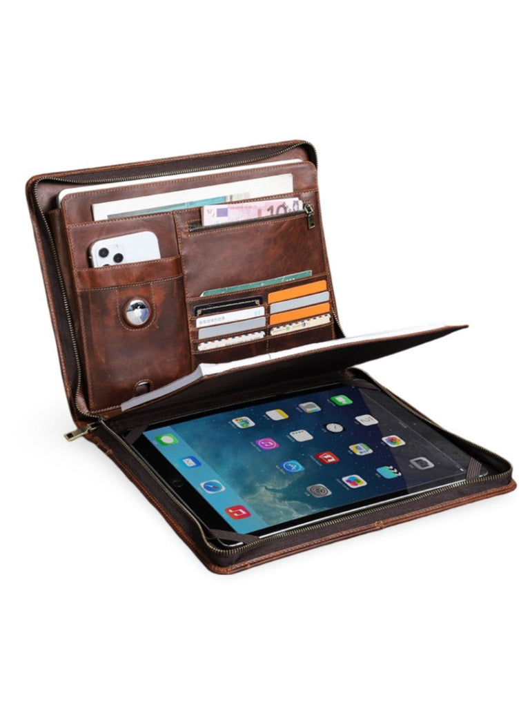 Housse en cuir marron pour ordinateur portable, tablette et documents, porte - cartes intégré, format A4, modèle Pamphil - Housse - Café