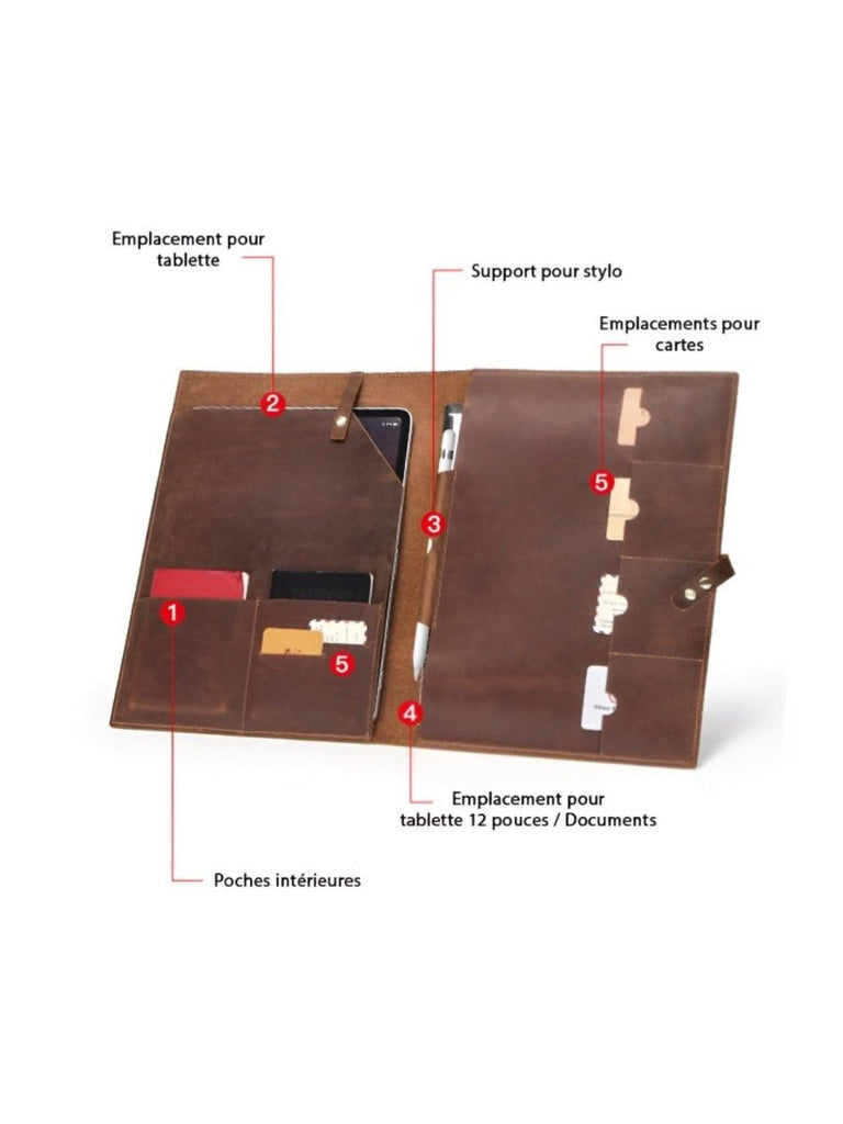 Housse en cuir pour tablette, iPad Pro 12.9, pochette de rangement, porte - cartes, support stylo et rabat sécurisé, modèle Tarcisius - Housse - Marron