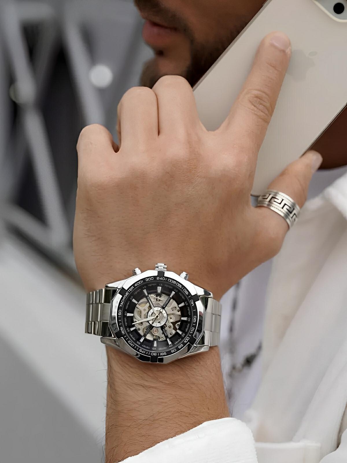 Montre automatique pour homme, squelette mécanique, cadran transparent, tachymètre, en acier inoxydable, modèle Sean - Montre - Argent et noir
