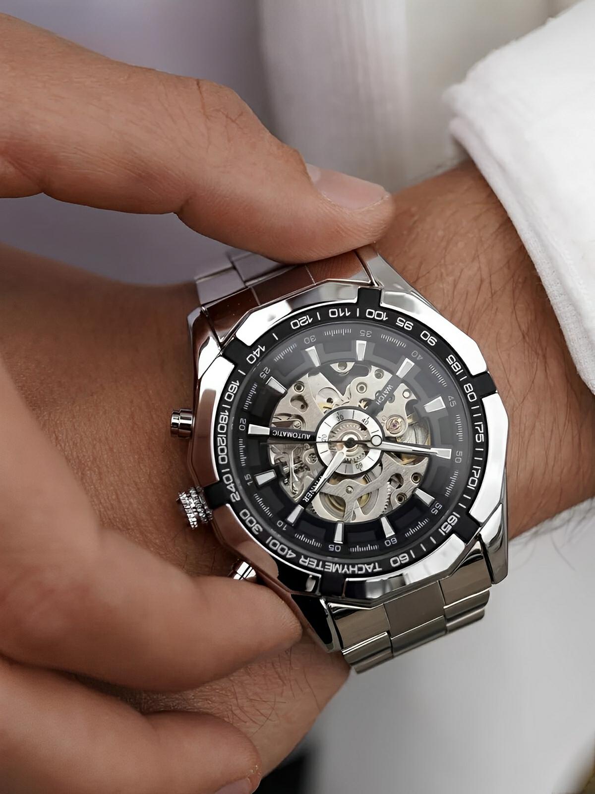 Montre automatique pour homme, squelette mécanique, cadran transparent, tachymètre, en acier inoxydable, modèle Sean - Montre - Argent et noir