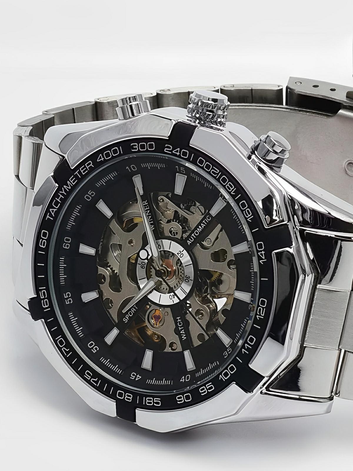 Montre automatique pour homme, squelette mécanique, cadran transparent, tachymètre, en acier inoxydable, modèle Sean - Montre - Argent et noir