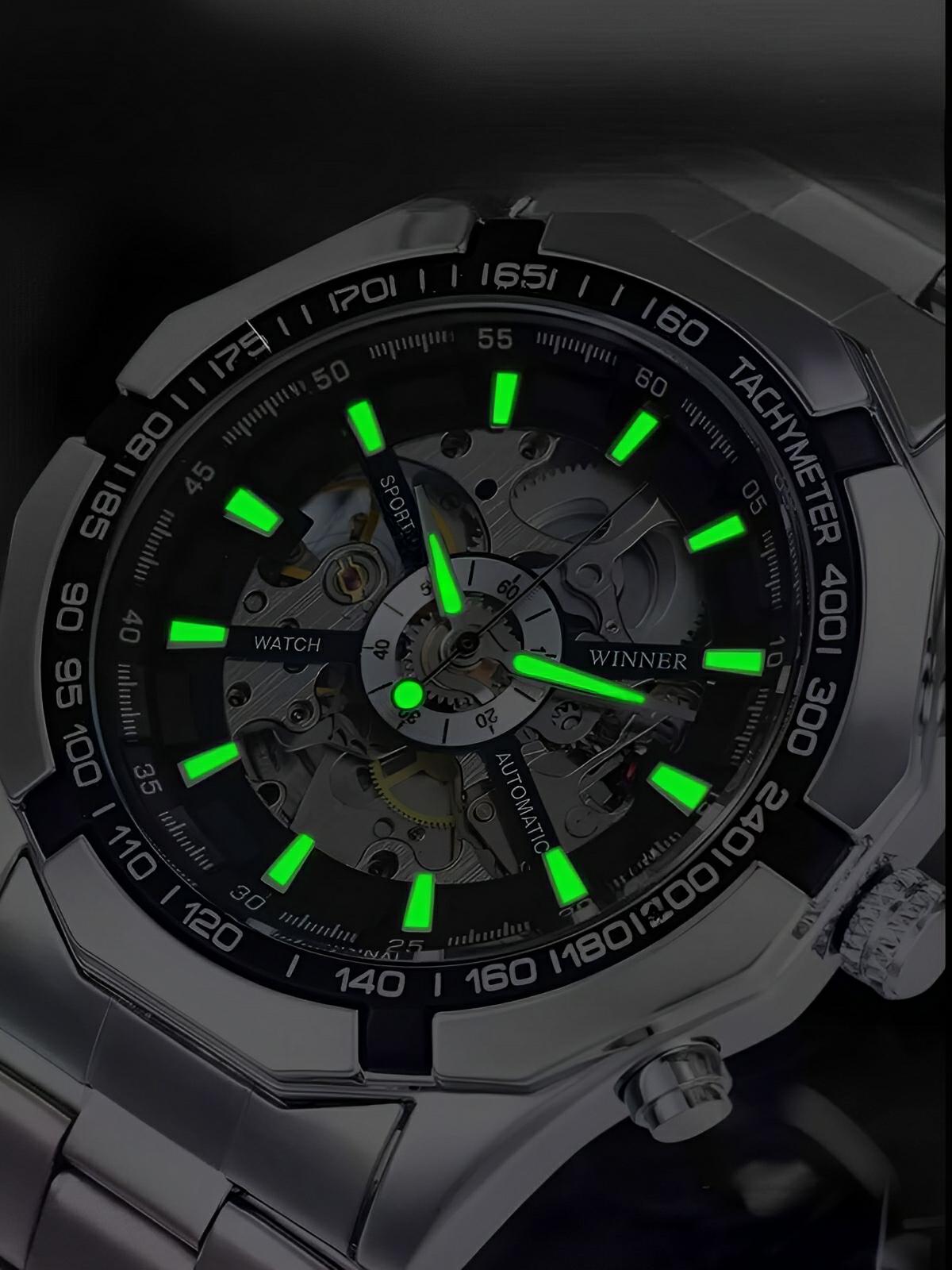Montre automatique pour homme, squelette mécanique, cadran transparent, tachymètre, en acier inoxydable, modèle Sean - Montre - Argent et noir