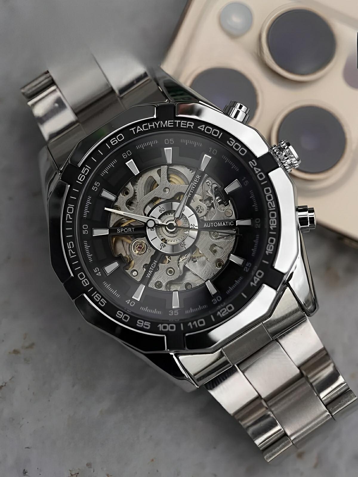 Montre automatique pour homme, squelette mécanique, cadran transparent, tachymètre, en acier inoxydable, modèle Sean - Montre - Argent et noir