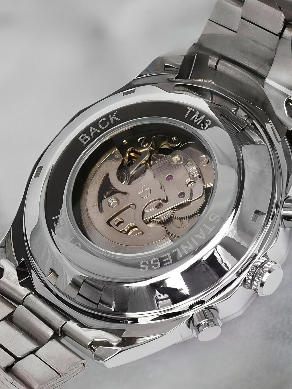 Montre automatique pour homme, squelette mécanique, cadran transparent, tachymètre, en acier inoxydable, modèle Sean - Montre - Argent et noir
