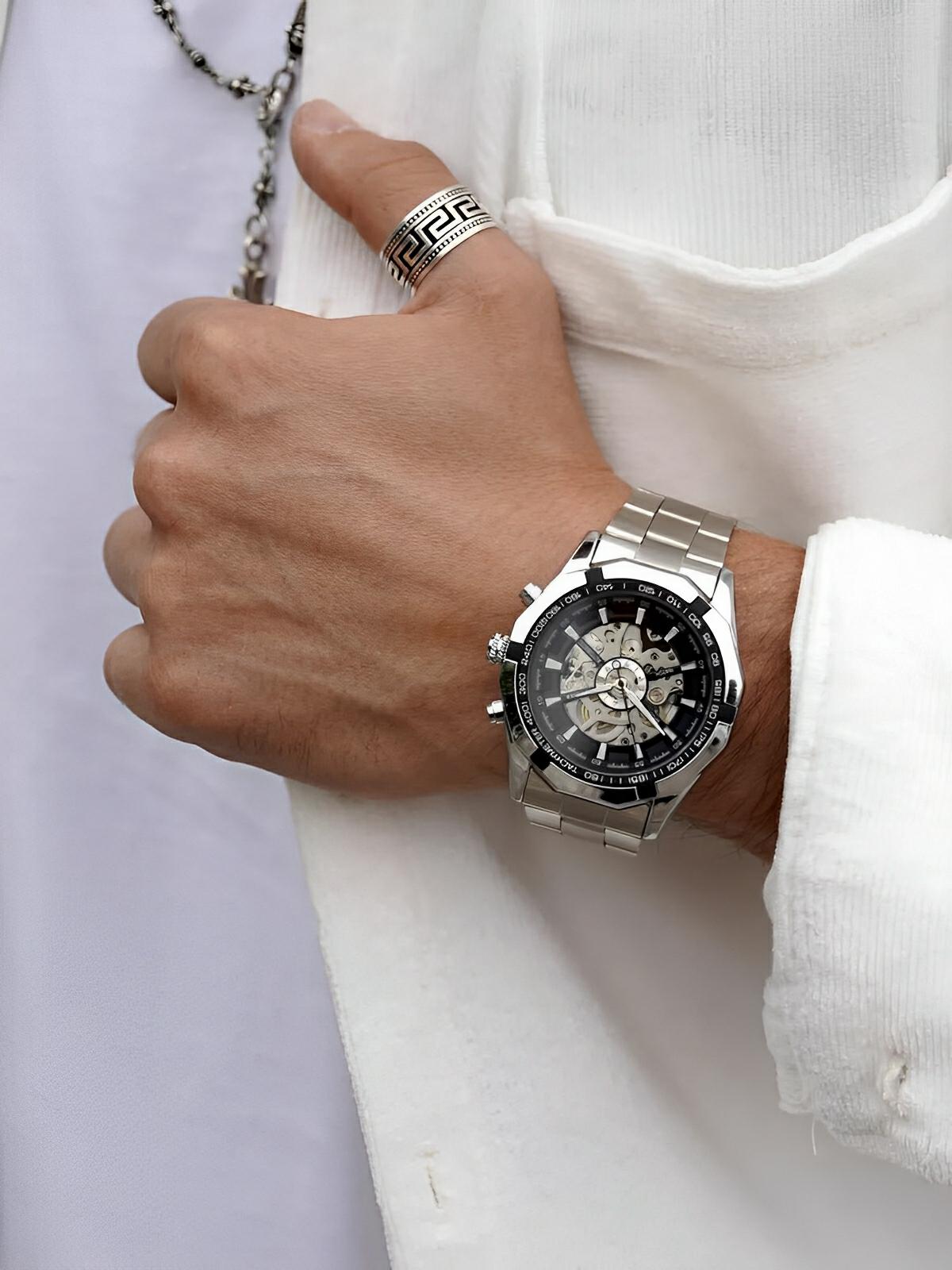 Montre automatique pour homme, squelette mécanique, cadran transparent, tachymètre, en acier inoxydable, modèle Sean - Montre - Argent et noir