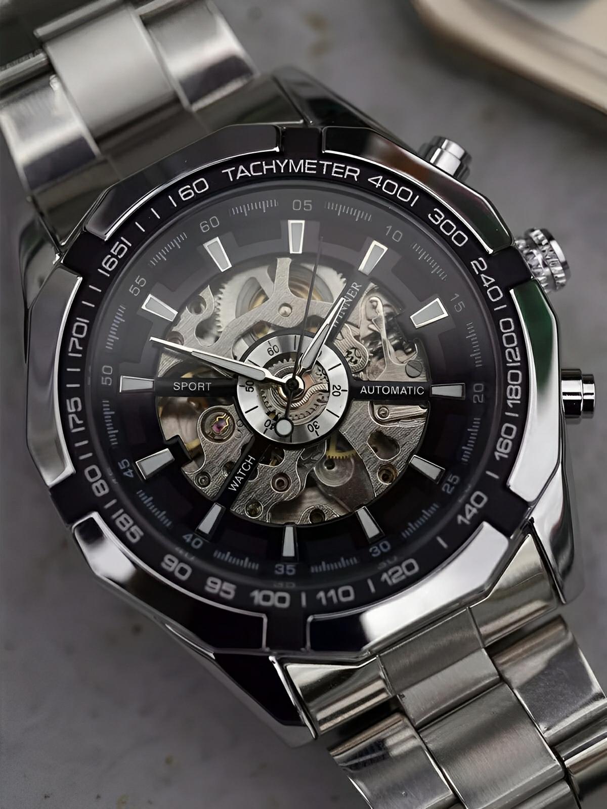 Montre automatique pour homme, squelette mécanique, cadran transparent, tachymètre, en acier inoxydable, modèle Sean - Montre - Argent et noir