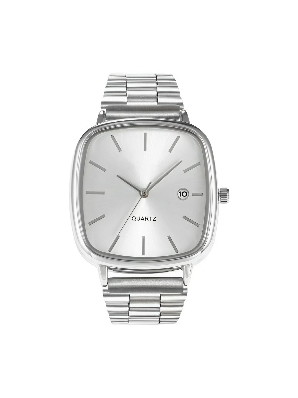 Montre en acier inoxydable, cadran carré, affichage date, étanche 30M, style classique et moderne, modèle Déri - Montre - Argent et blanc