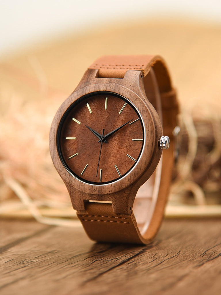 Montre en bois pour homme, cadran minimaliste, bracelet cuir, mouvement quartz, style naturel, modèle Énole - Montre - Marron