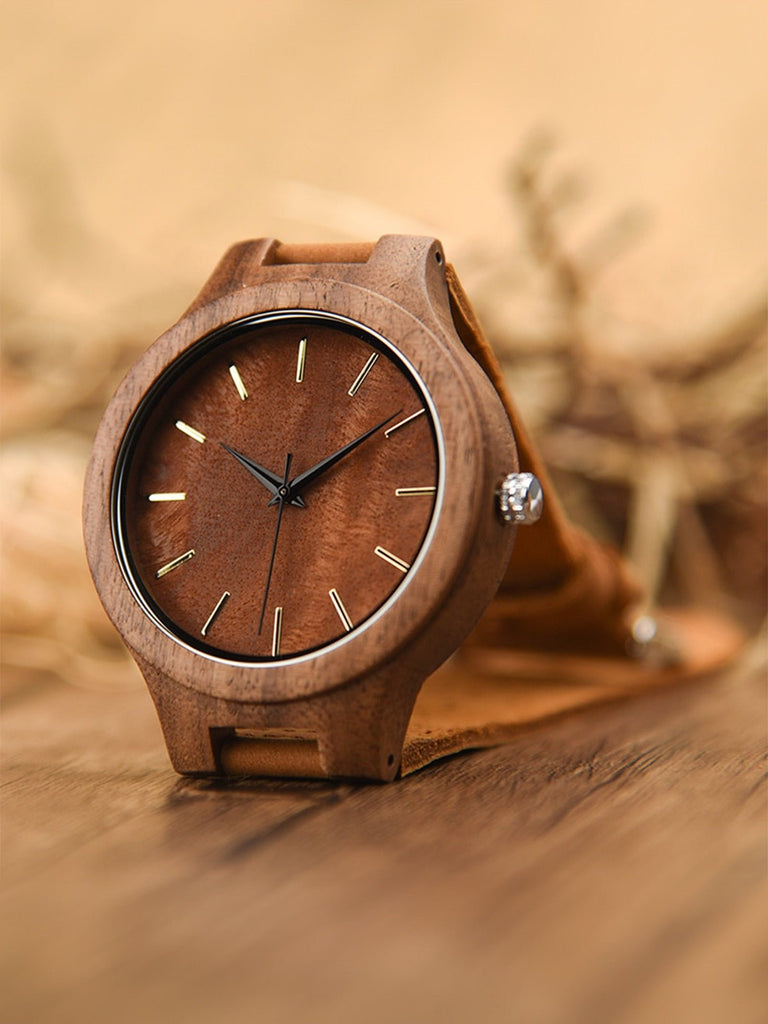 Montre en bois pour homme, cadran minimaliste, bracelet cuir, mouvement quartz, style naturel, modèle Énole - Montre - Marron