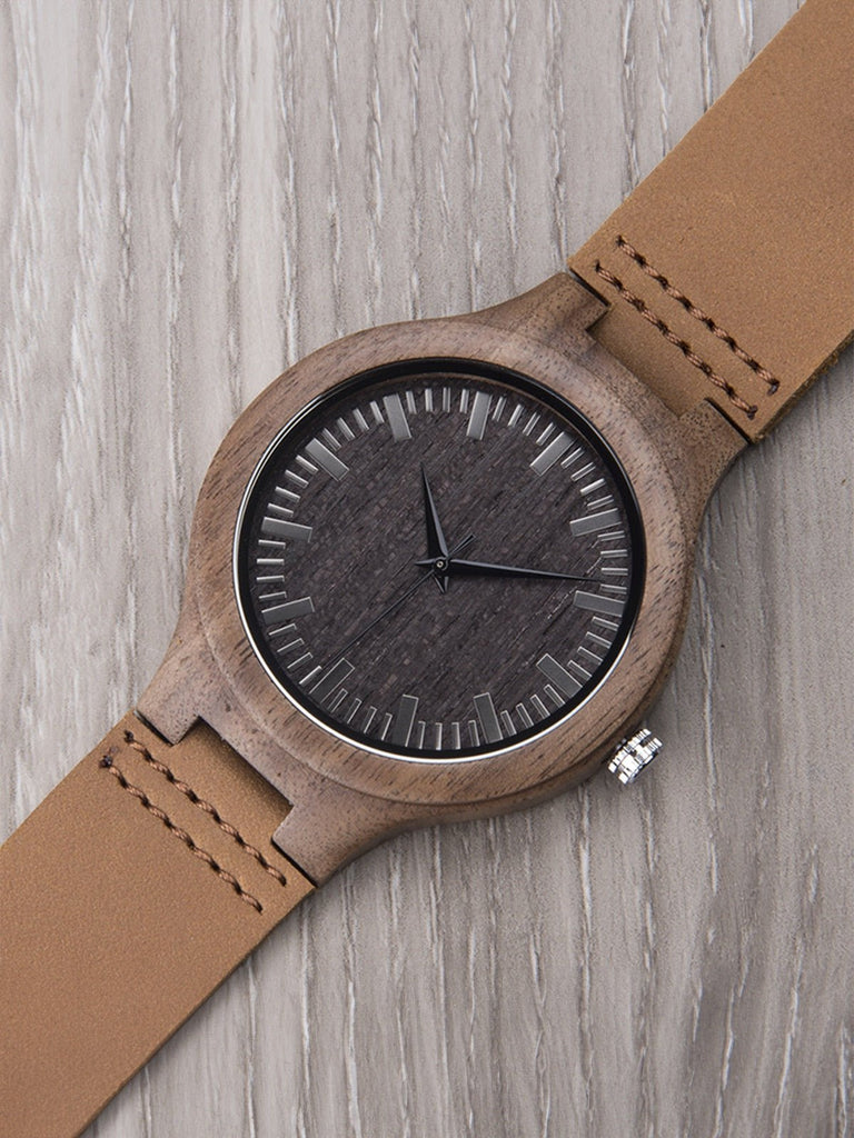 Montre en bois pour homme, cadran minimaliste, bracelet cuir, mouvement quartz, style naturel, modèle Énole - Montre - Noir