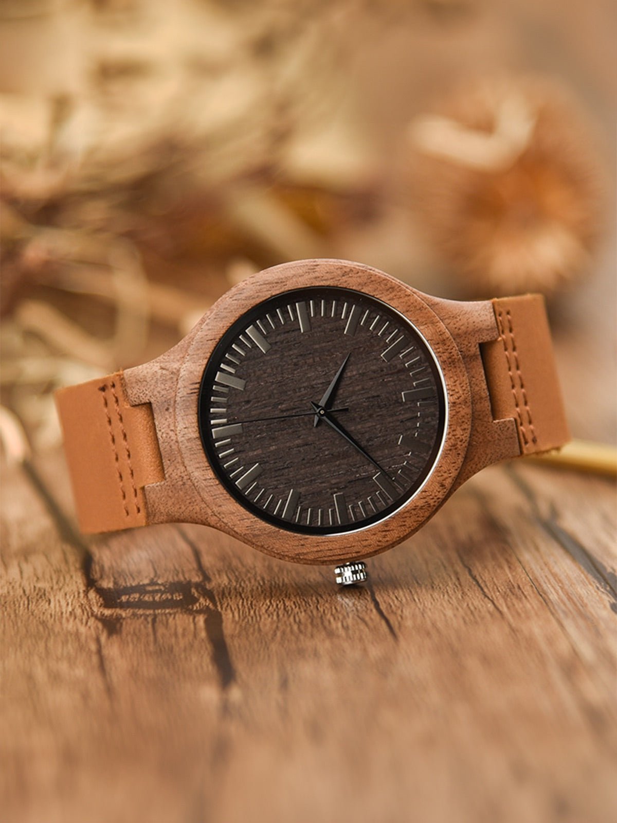 Montre en bois pour homme, cadran minimaliste, bracelet cuir, mouvement quartz, style naturel, modèle Énole - Montre - Noir