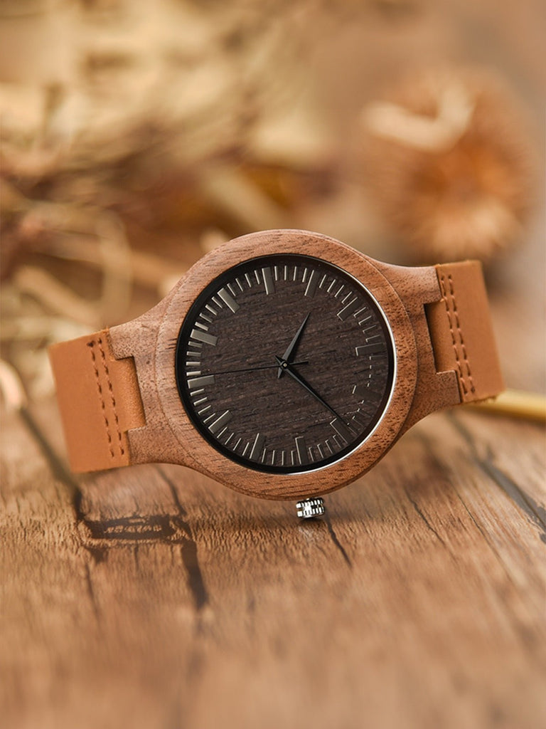 Montre en bois pour homme, cadran minimaliste, bracelet cuir, mouvement quartz, style naturel, modèle Énole - Montre - Noir