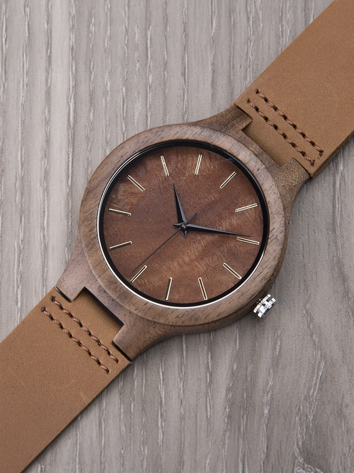 Montre en bois pour homme, cadran minimaliste, bracelet cuir, mouvement quartz, style naturel, modèle Énole - Montre - Marron