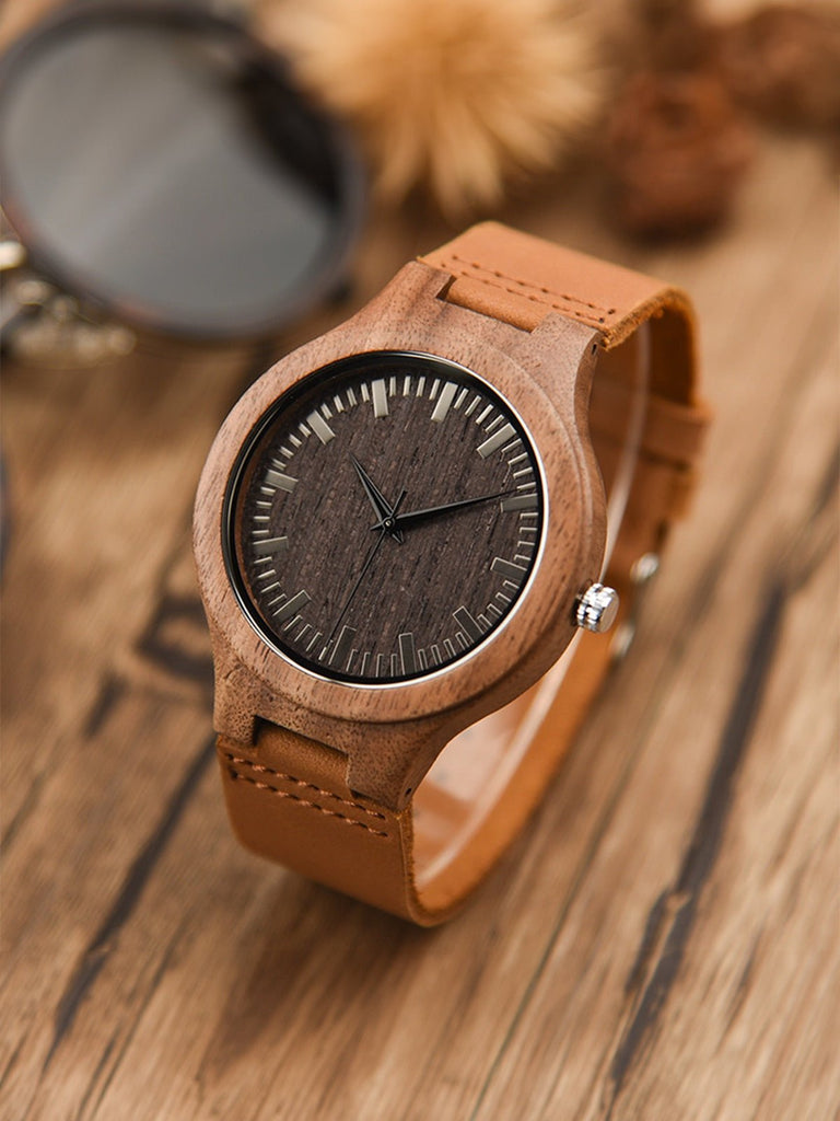 Montre en bois pour homme, cadran minimaliste, bracelet cuir, mouvement quartz, style naturel, modèle Énole - Montre - Noir