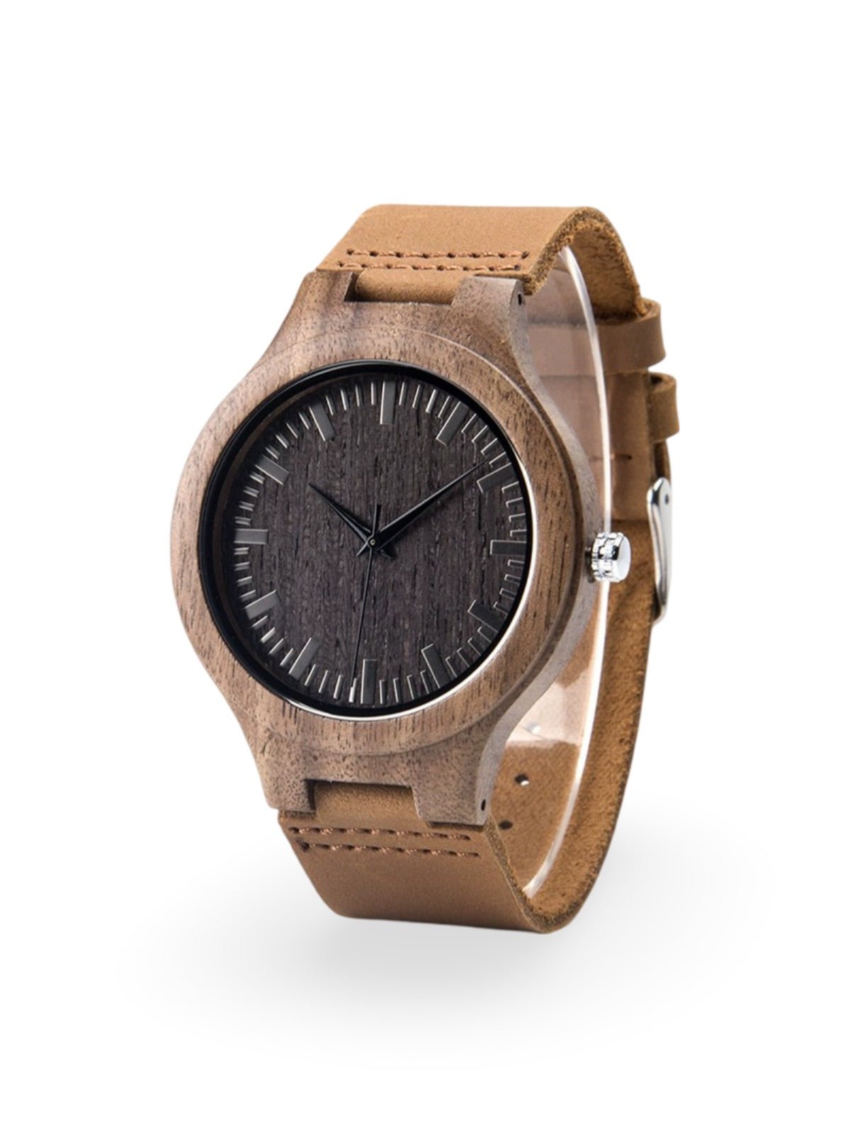 Montre en bois pour homme, cadran minimaliste, bracelet cuir, mouvement quartz, style naturel, modèle Énole - Montre - Noir