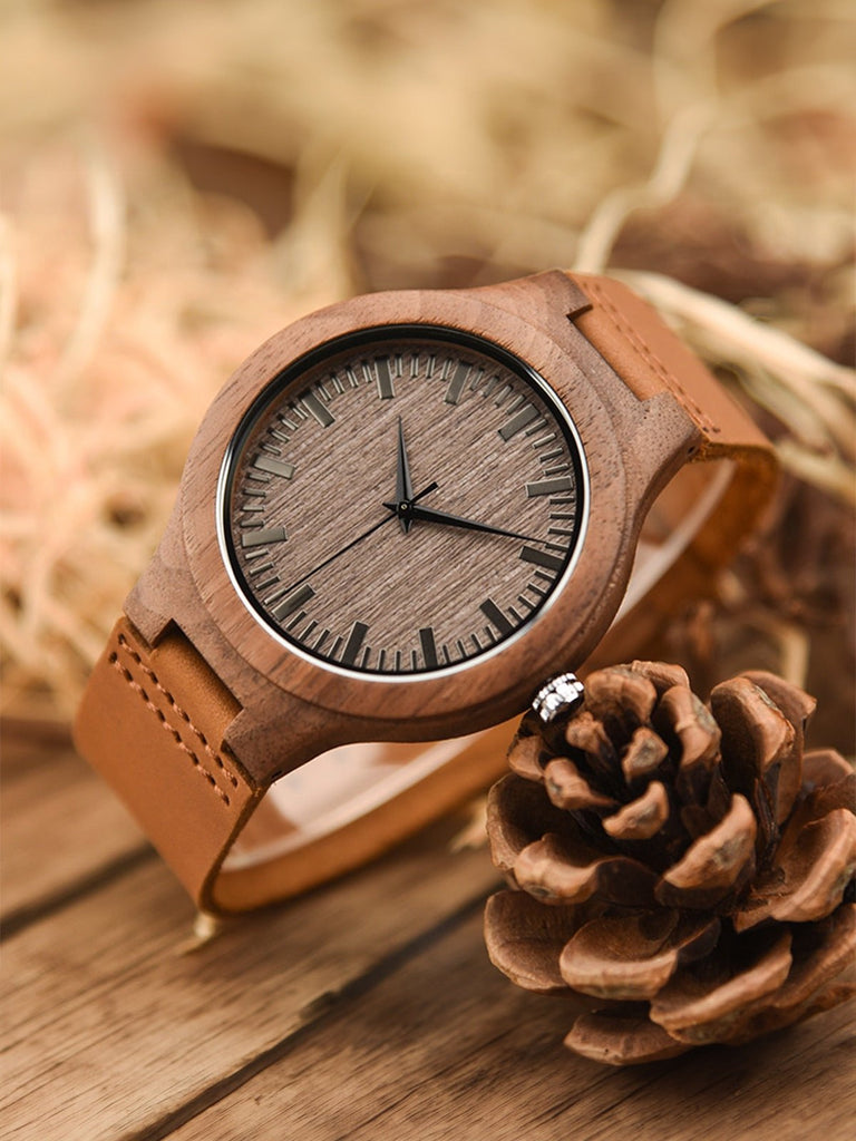 Montre en bois pour homme, cadran minimaliste, bracelet cuir, mouvement quartz, style naturel, modèle Énole - Montre - Blanc