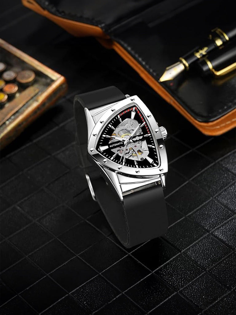 Montre homme automatique, boîtier triangulaire, cadran squelette, bracelet silicone, aiguilles luminescentes, modèle Karl - Montre - Argent