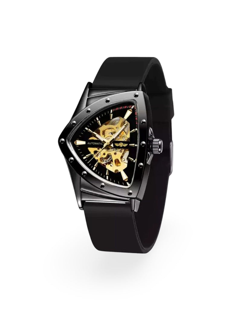 Montre homme automatique, boîtier triangulaire, cadran squelette, bracelet silicone, aiguilles luminescentes, modèle Karl - Montre - Noir