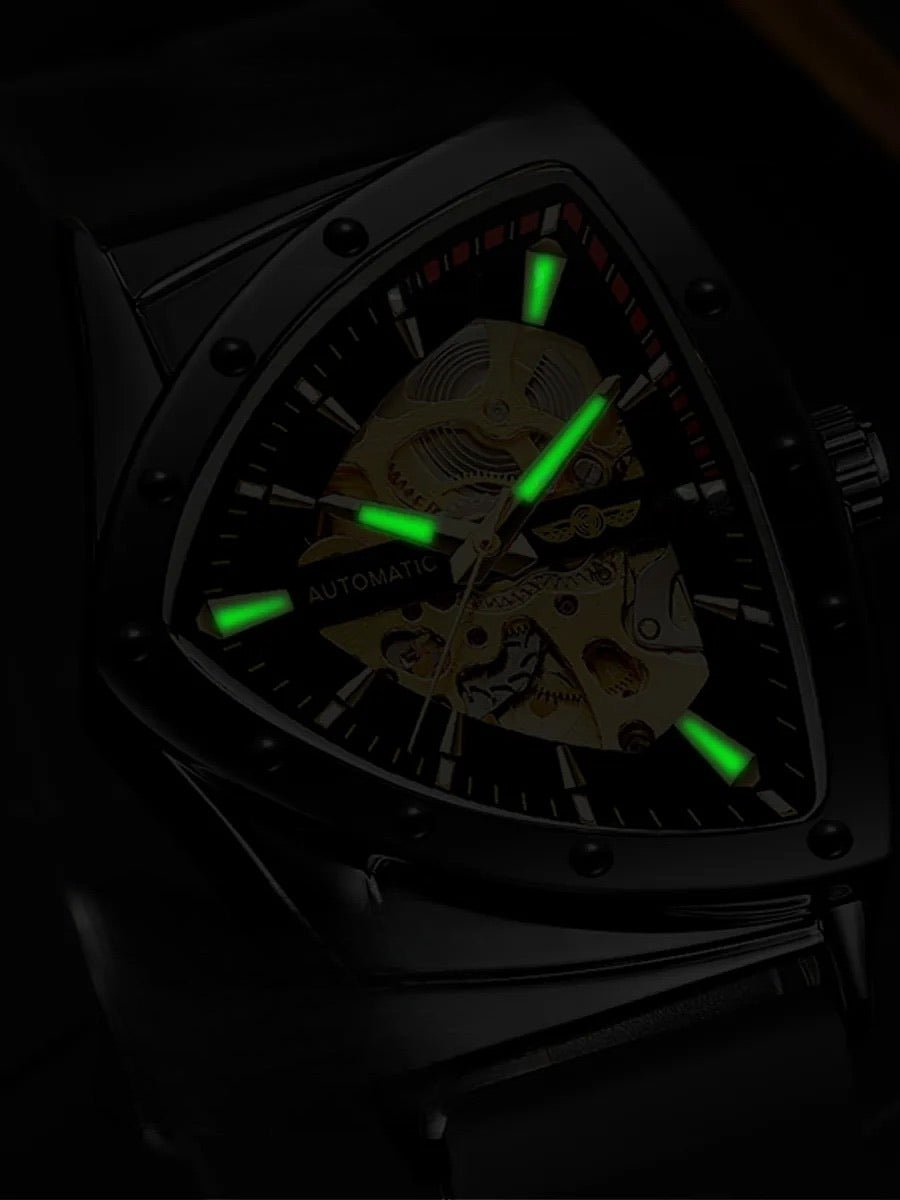 Montre homme automatique, boîtier triangulaire, cadran squelette, bracelet silicone, aiguilles luminescentes, modèle Karl - Montre - Noir