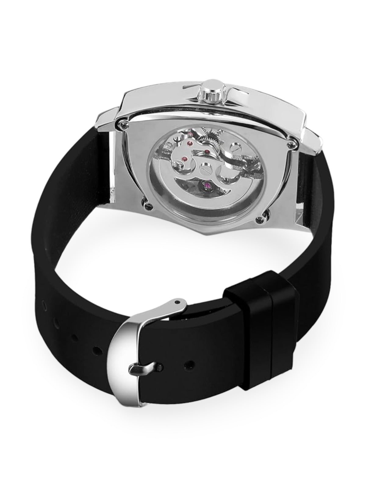 Montre homme automatique, boîtier triangulaire, cadran squelette, bracelet silicone, aiguilles luminescentes, modèle Karl - Montre - Argent