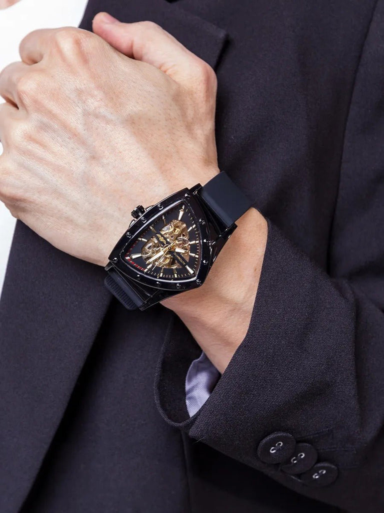 Montre homme automatique, boîtier triangulaire, cadran squelette, bracelet silicone, aiguilles luminescentes, modèle Karl - Montre - Noir