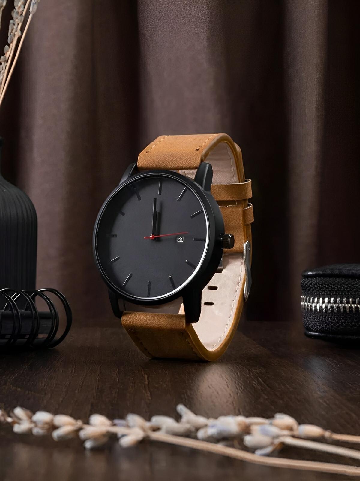 Montre homme quartz, cadran minimaliste, en simili vegan, avec affichage de date, modèle Kayl - Montre - Marron et noir
