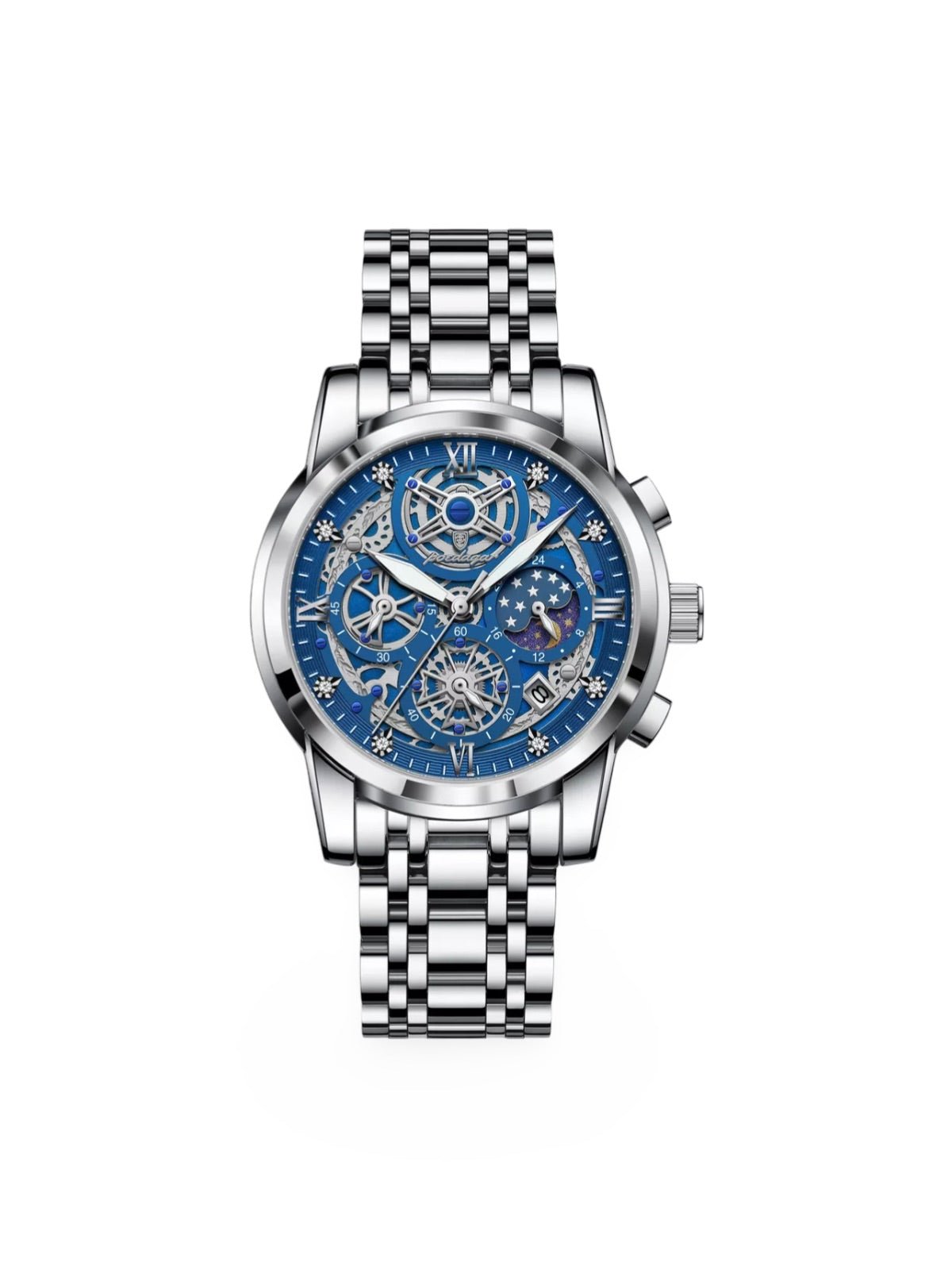 Montre homme squelette, chronographe, acier inoxydable, cadran bleu, en acier inoxydable, modèle Smith - Montre - Argent