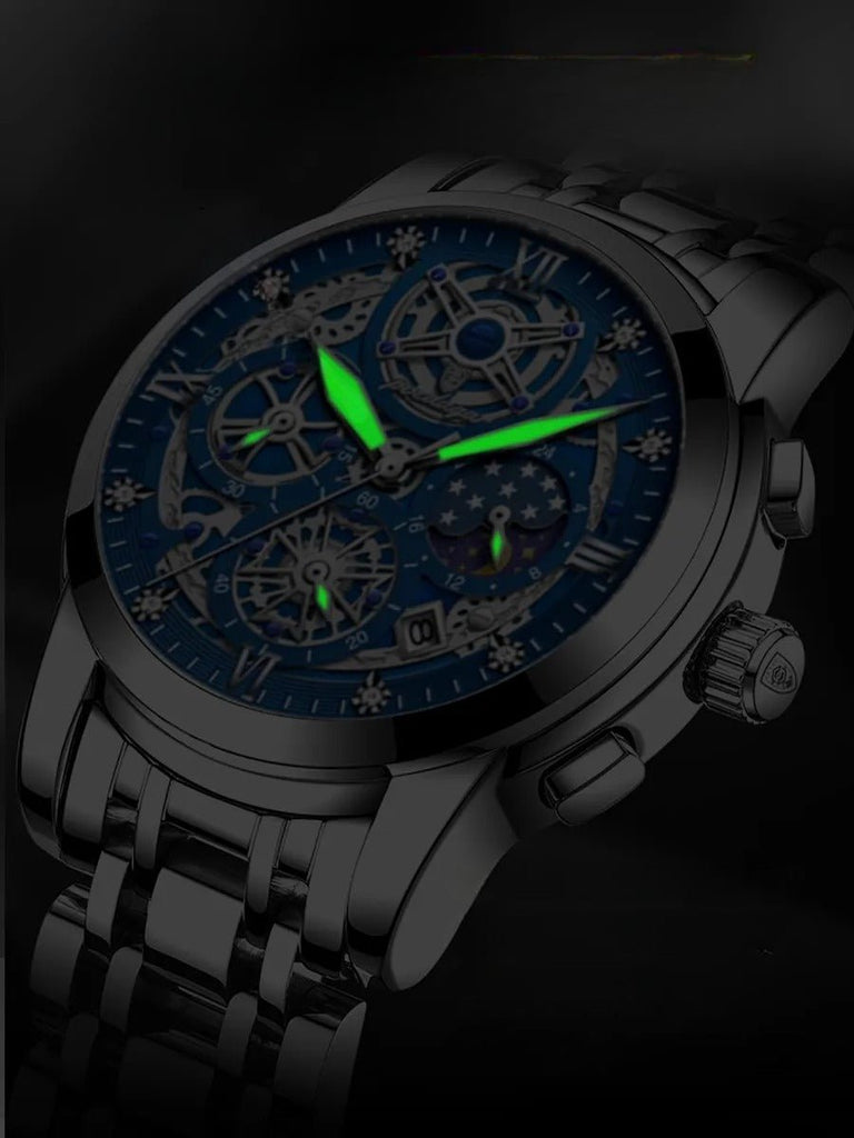 Montre homme squelette, chronographe, acier inoxydable, cadran bleu, en acier inoxydable, modèle Smith - Montre - Argent