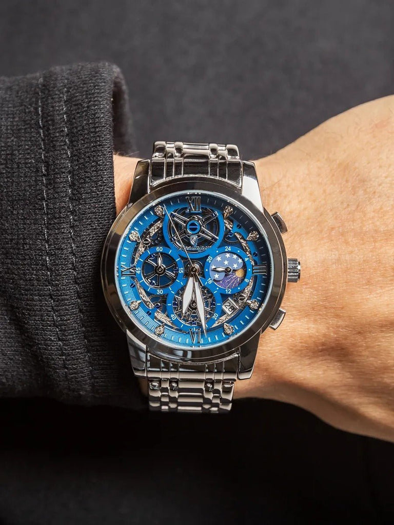 Montre homme squelette, chronographe, acier inoxydable, cadran bleu, en acier inoxydable, modèle Smith - Montre - Argent