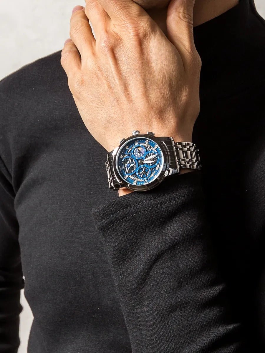 Montre homme squelette, chronographe, acier inoxydable, cadran bleu, en acier inoxydable, modèle Smith - Montre - Argent