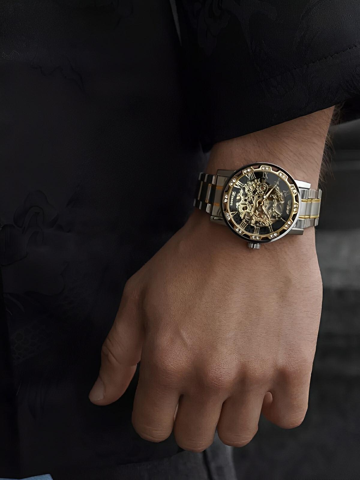 Montre mécanique squelette homme, mouvement automatique, cadran ajouré, bracelet acier, design luxueux, modèle Waylon - Montre - Argent et or