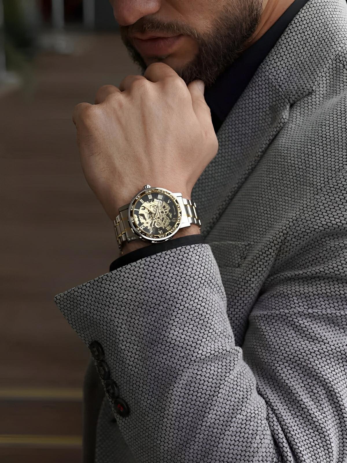 Montre mécanique squelette homme, mouvement automatique, cadran ajouré, bracelet acier, design luxueux, modèle Waylon - Montre - Argent et or