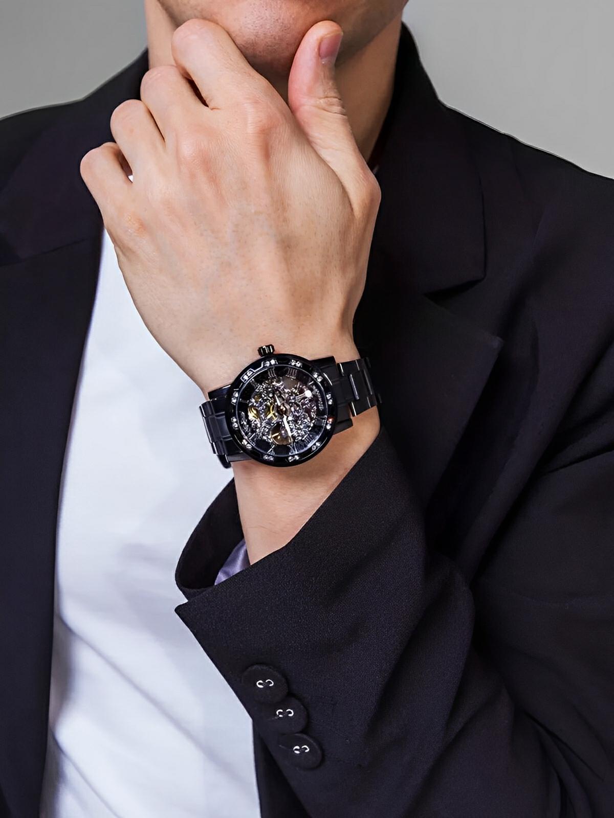 Montre mécanique squelette homme, mouvement automatique, cadran ajouré, bracelet acier, design luxueux, modèle Waylon - Montre - Noir