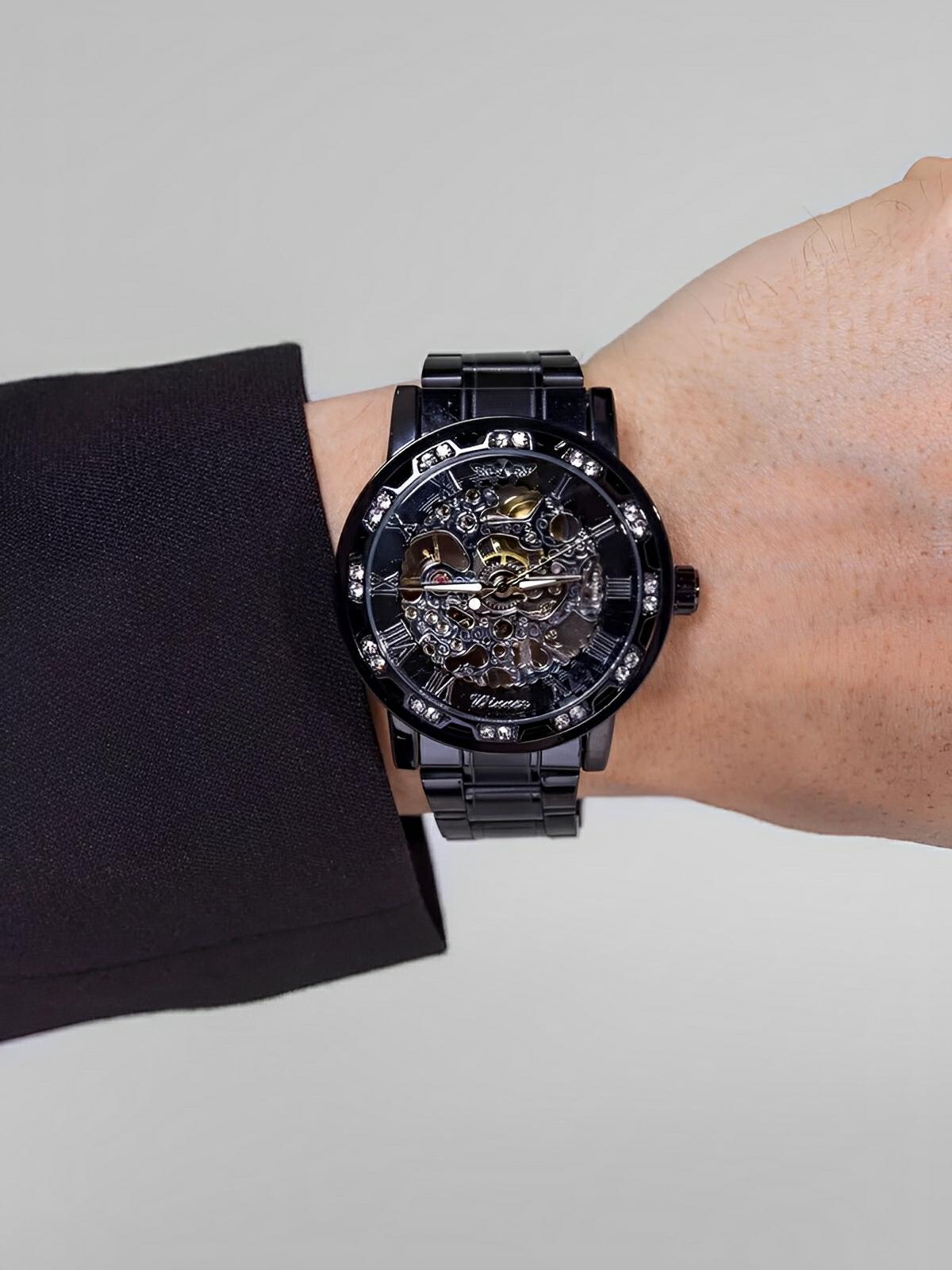 Montre mécanique squelette homme, mouvement automatique, cadran ajouré, bracelet acier, design luxueux, modèle Waylon - Montre - Noir