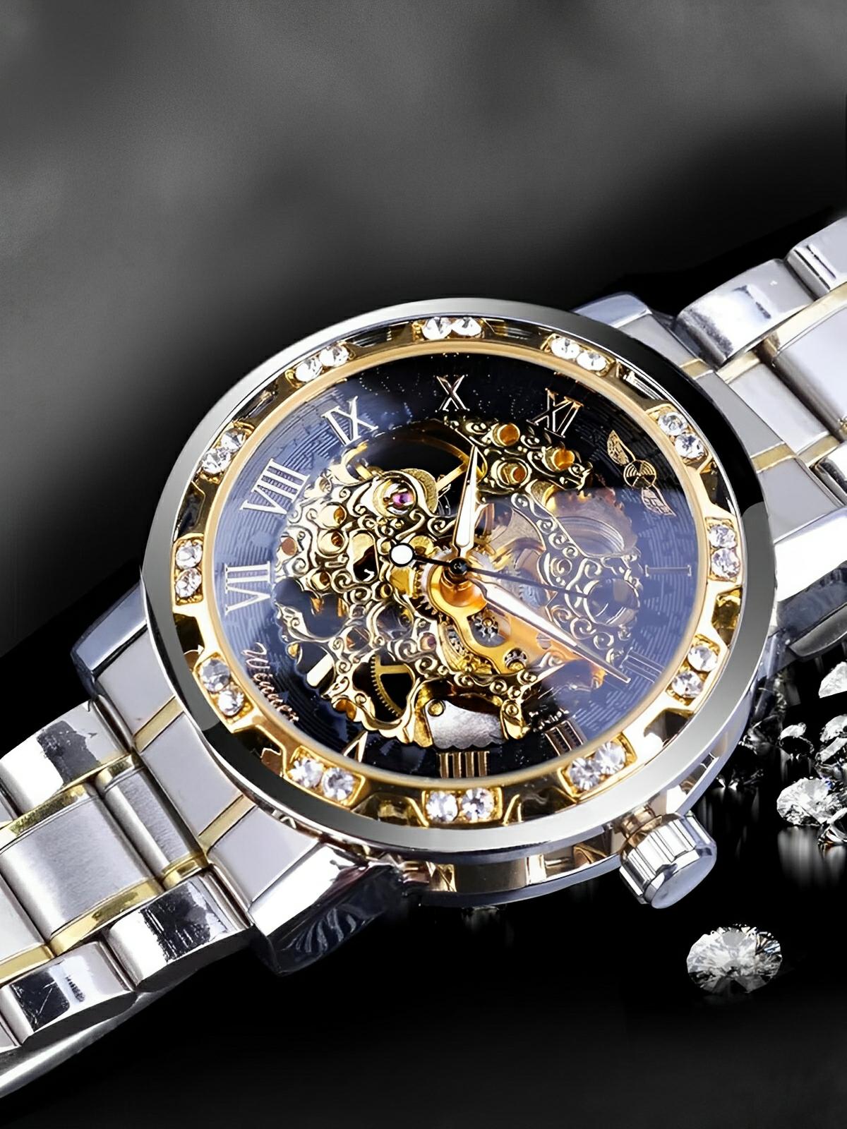 Montre mécanique squelette homme, mouvement automatique, cadran ajouré, bracelet acier, design luxueux, modèle Waylon - Montre - Argent et or