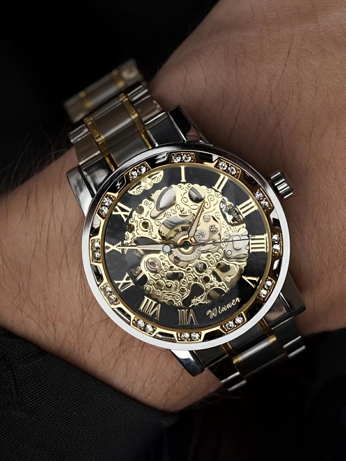 Montre mécanique squelette homme, mouvement automatique, cadran ajouré, bracelet acier, design luxueux, modèle Waylon - Montre - Argent et or