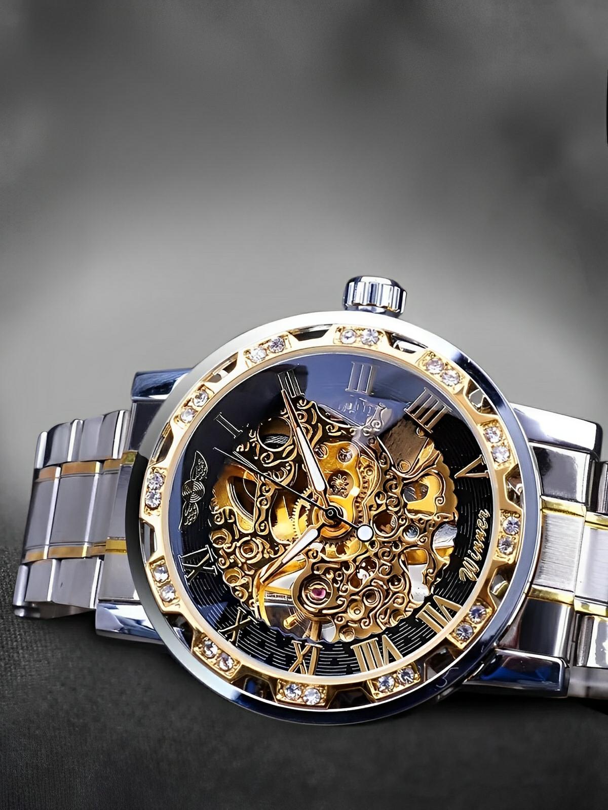 Montre mécanique squelette homme, mouvement automatique, cadran ajouré, bracelet acier, design luxueux, modèle Waylon - Montre - Argent et or