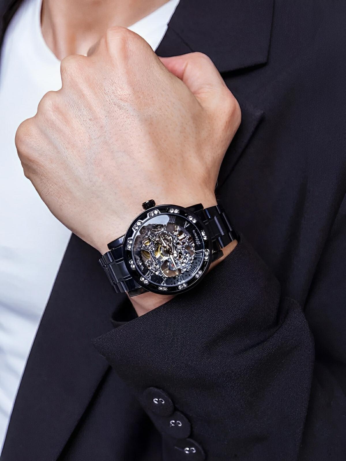 Montre mécanique squelette homme, mouvement automatique, cadran ajouré, bracelet acier, design luxueux, modèle Waylon - Montre - Noir