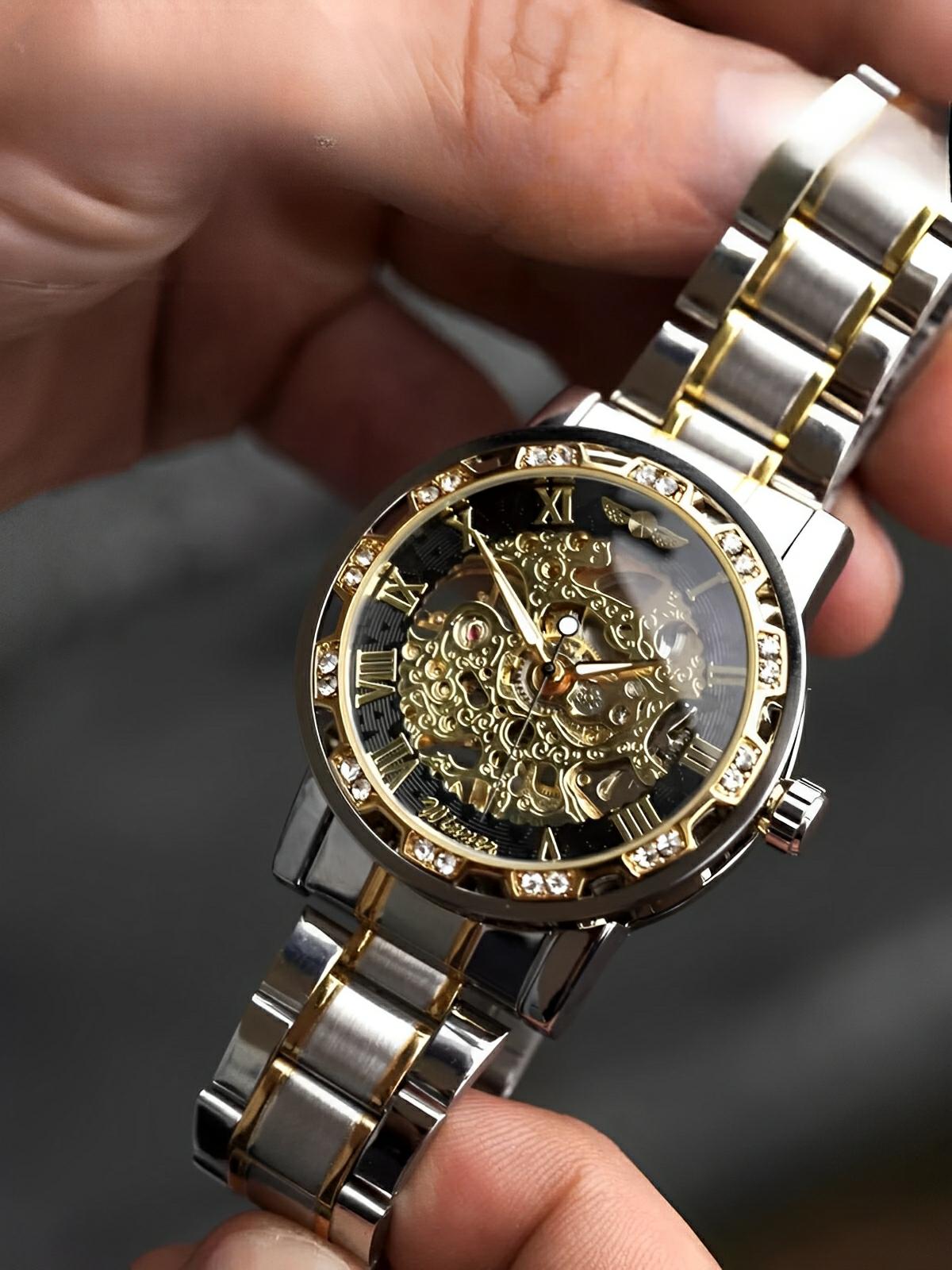 Montre mécanique squelette homme, mouvement automatique, cadran ajouré, bracelet acier, design luxueux, modèle Waylon - Montre - Argent et or