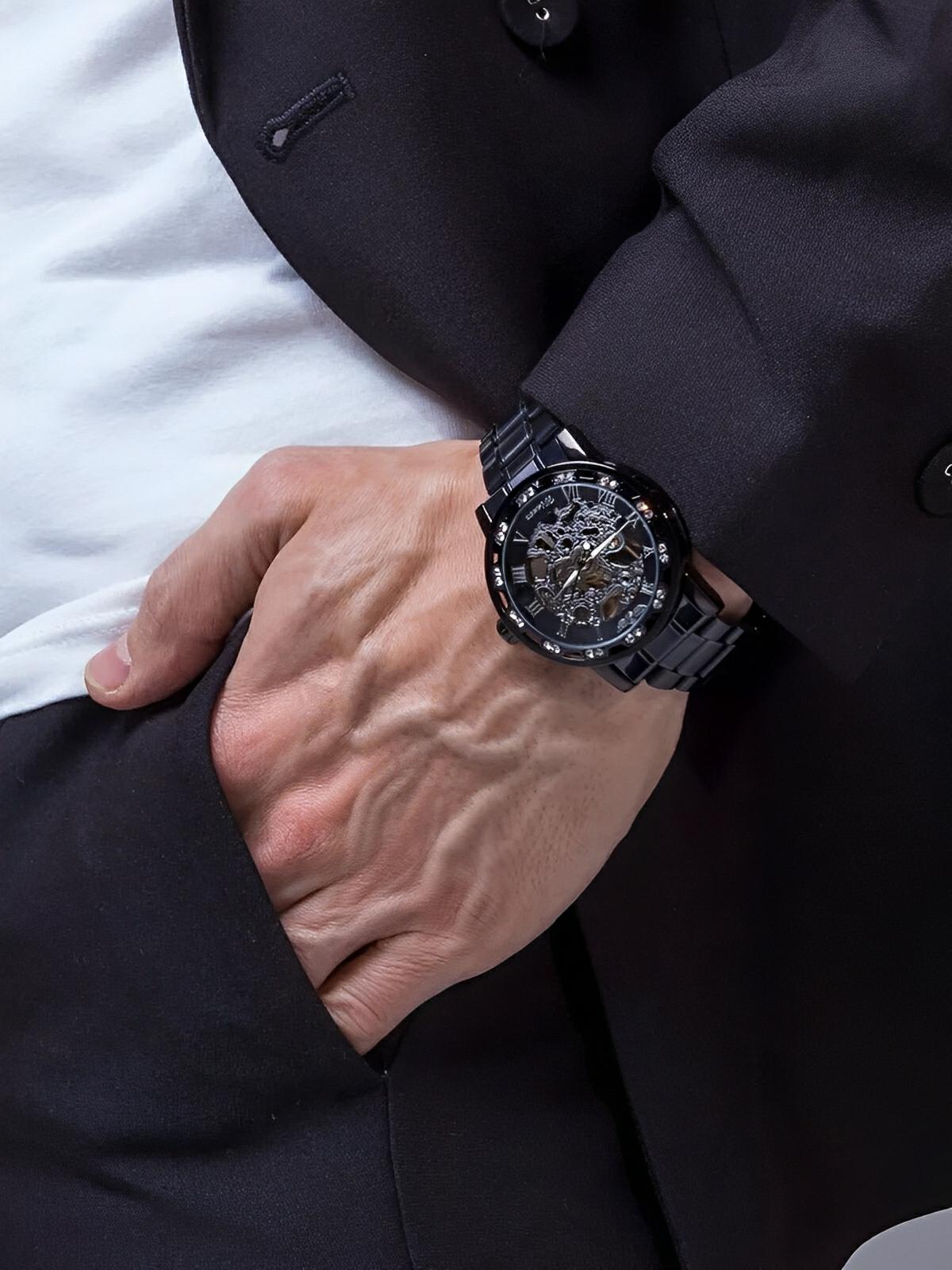 Montre mécanique squelette homme, mouvement automatique, cadran ajouré, bracelet acier, design luxueux, modèle Waylon - Montre - Noir