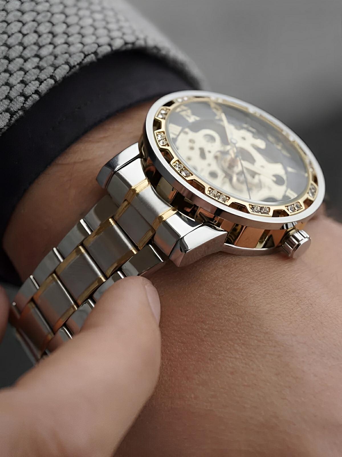 Montre mécanique squelette homme, mouvement automatique, cadran ajouré, bracelet acier, design luxueux, modèle Waylon - Montre - Argent et or